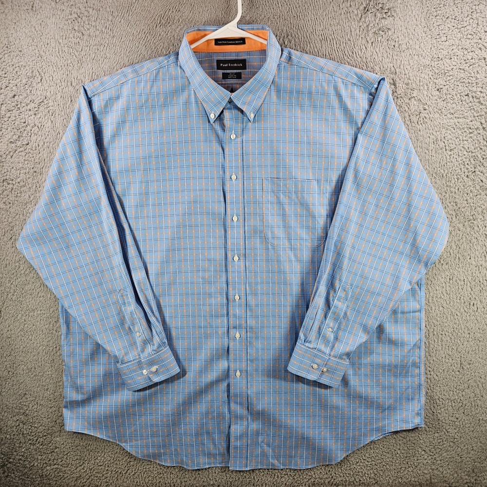 Paul Fredrick Mens 20x37 Classic Fit Non-Iron Comfort Stretch Plaid Shirt Blue